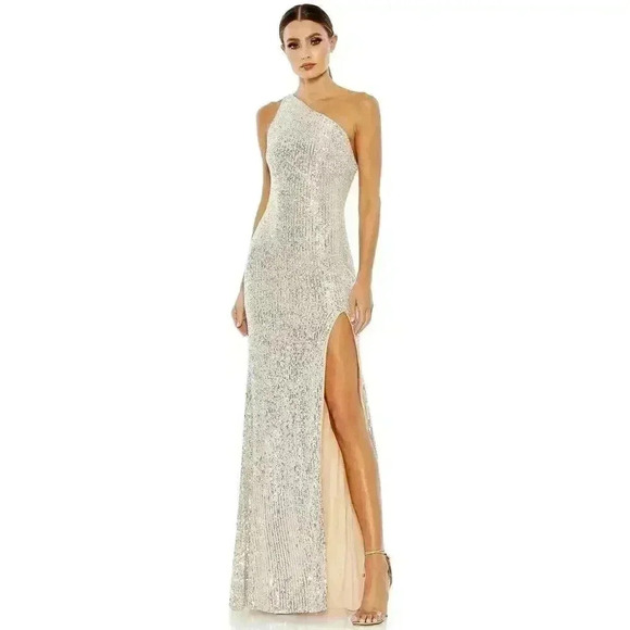 Mac Duggal SEQUINED ONE SHOULDER DRAPED BACK GOWN 2 SILVER 26990 Strappy Slit XS - Picture 3 of 11